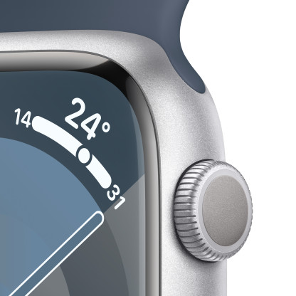 Apple Watch Series 9 GPS 45mm Silver Aluminium Case with Storm Blue Sport Band - Small/Medium