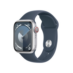 Apple Watch Series 9 GPS + Cellular 45mm Silver Aluminium Case with Storm Blue Sport Band - Small/Medium